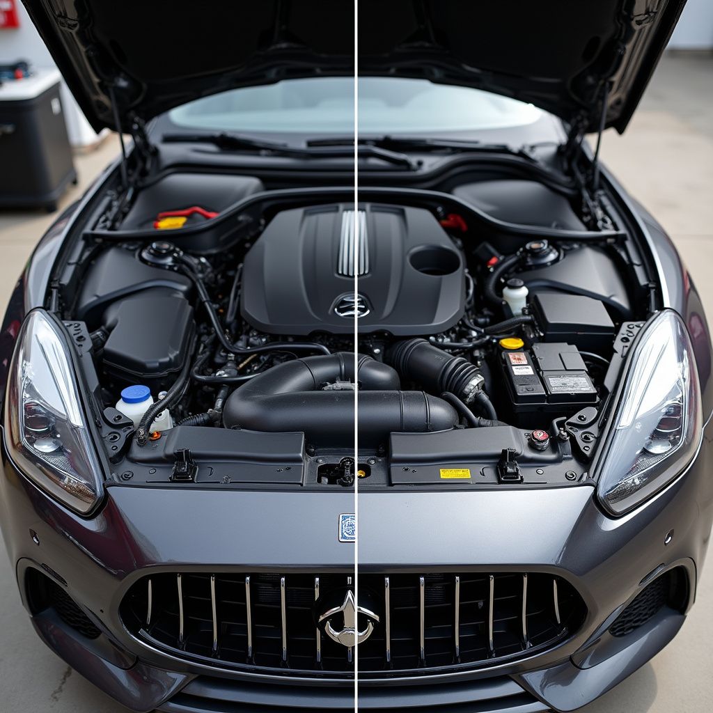 Shining gray car engine with hood open, showing engine components, including a black air intake after engine bay cleaning.