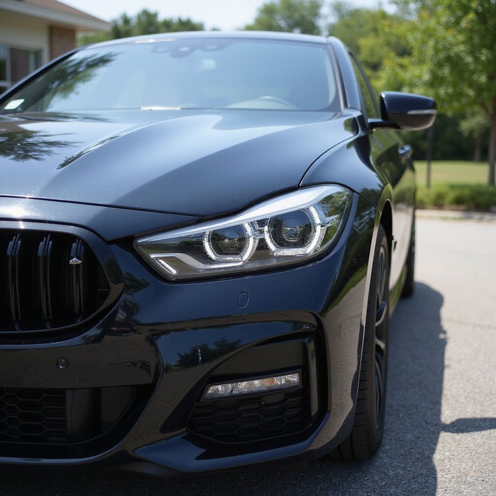Black BMW car, close-up of front. Headlights and grill crystal clear and spotless.