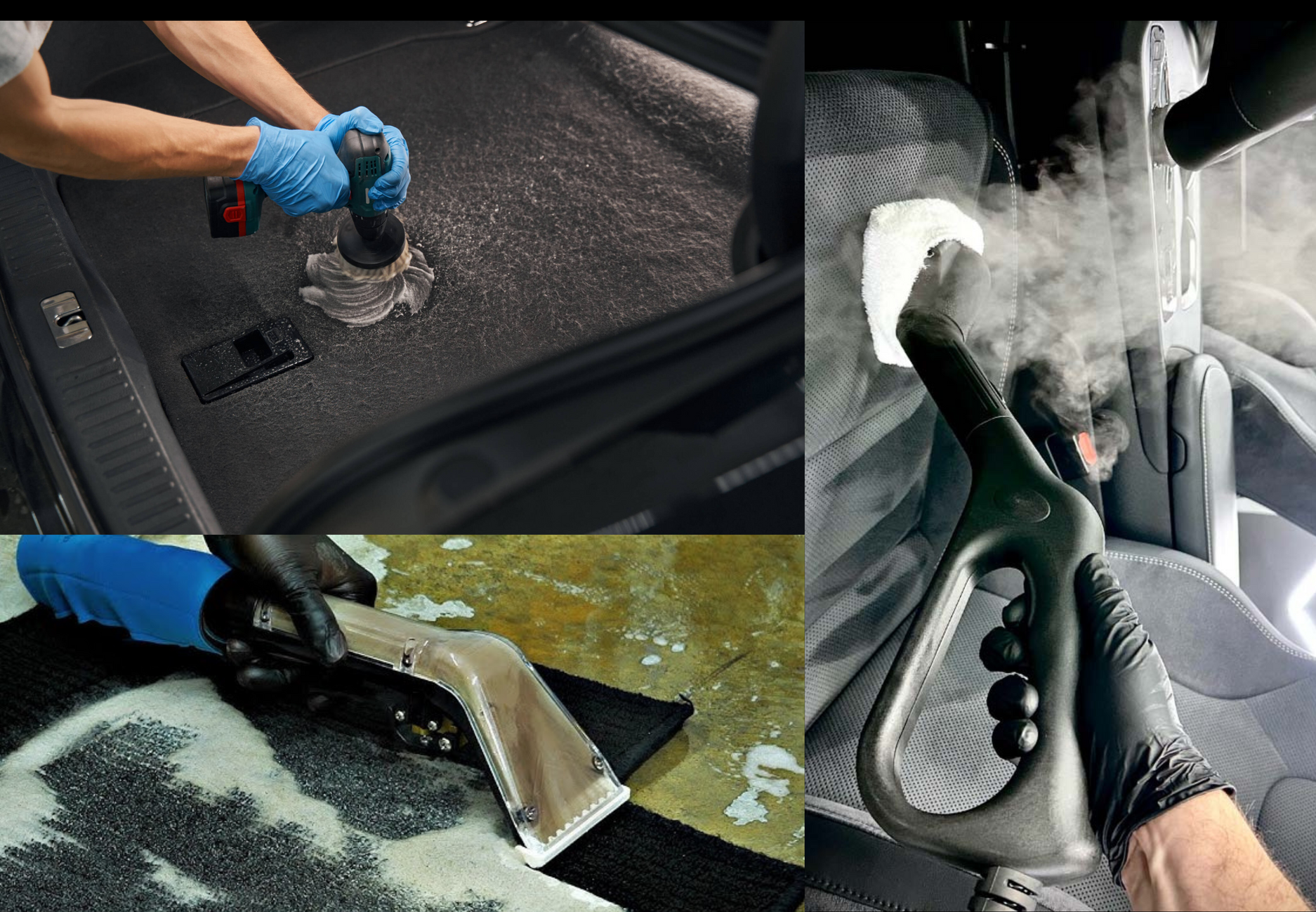 Car interior being cleaned with various tools: vacuum, steamer, and carpet shampoo machine.