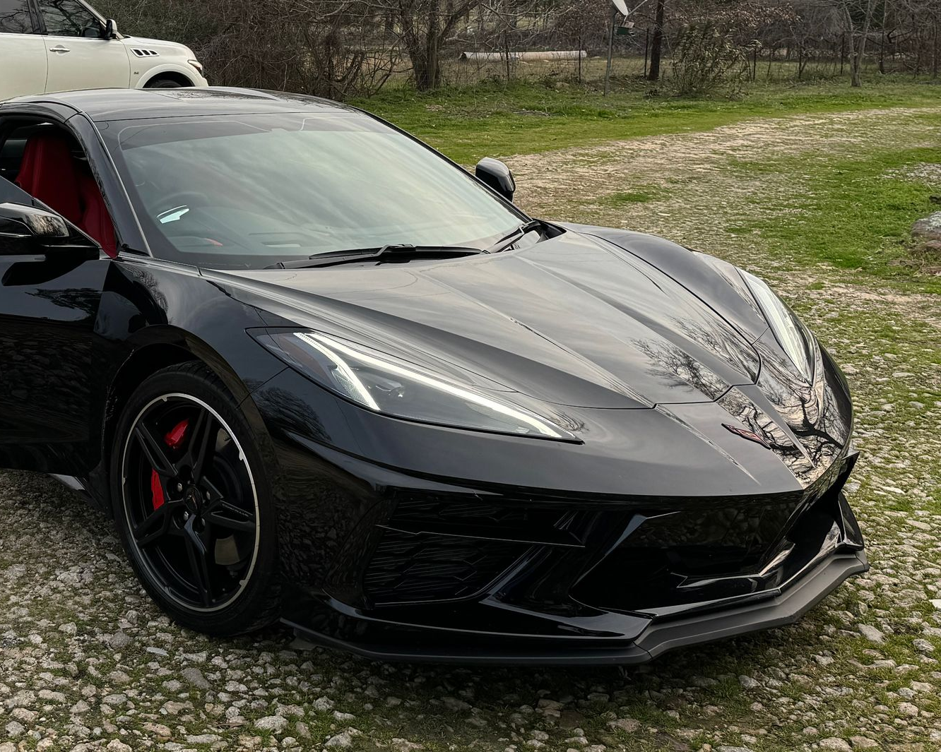 Black Chevrolet Corvette sports car with red interior parked outdoors on gravel after Masterclass exterior detail.