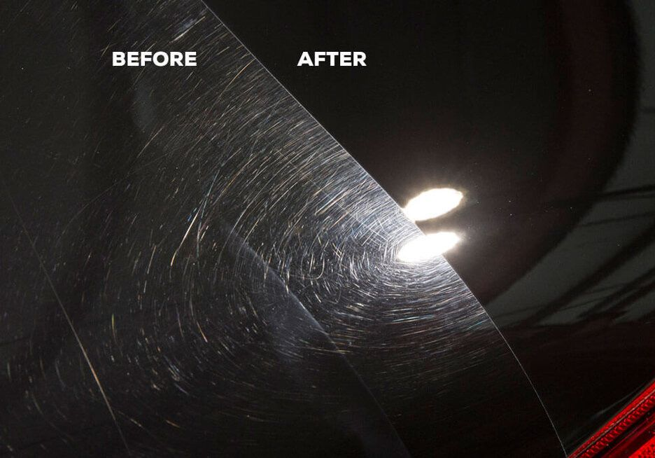 Car surface before and after polishing, showing swirl marks removed for a glossy finish after a 1 step paint correction.