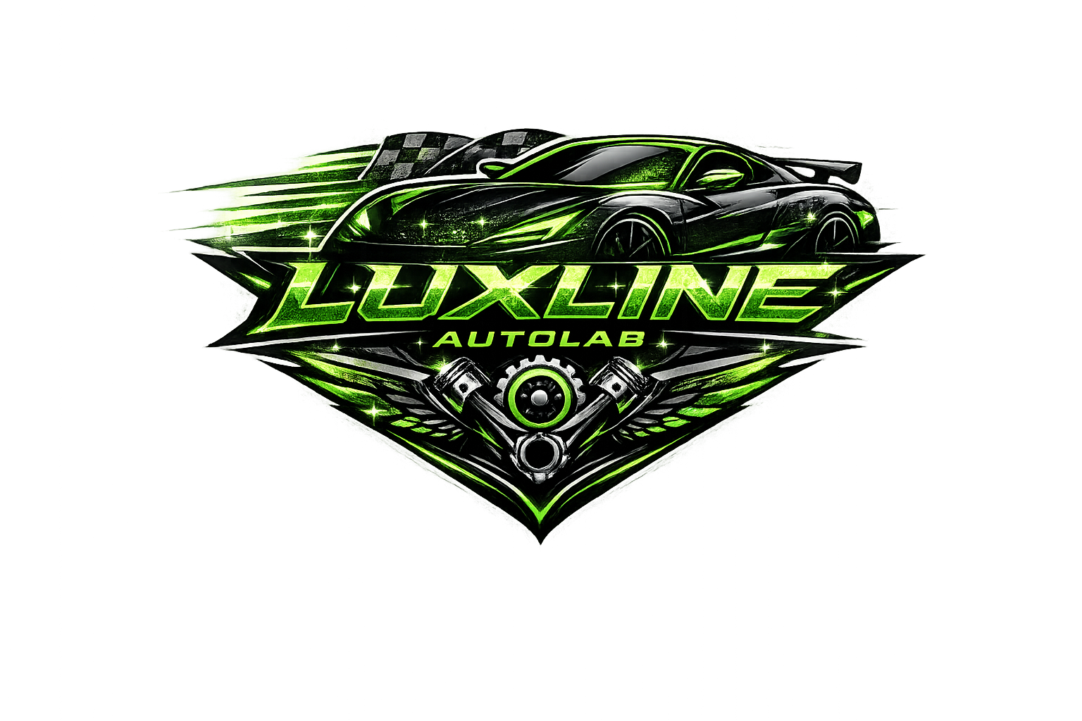 Logo for Luxline Auto Lab, Dallas TX; features a muscle car speeding with blue flames, within a blue and white circle.