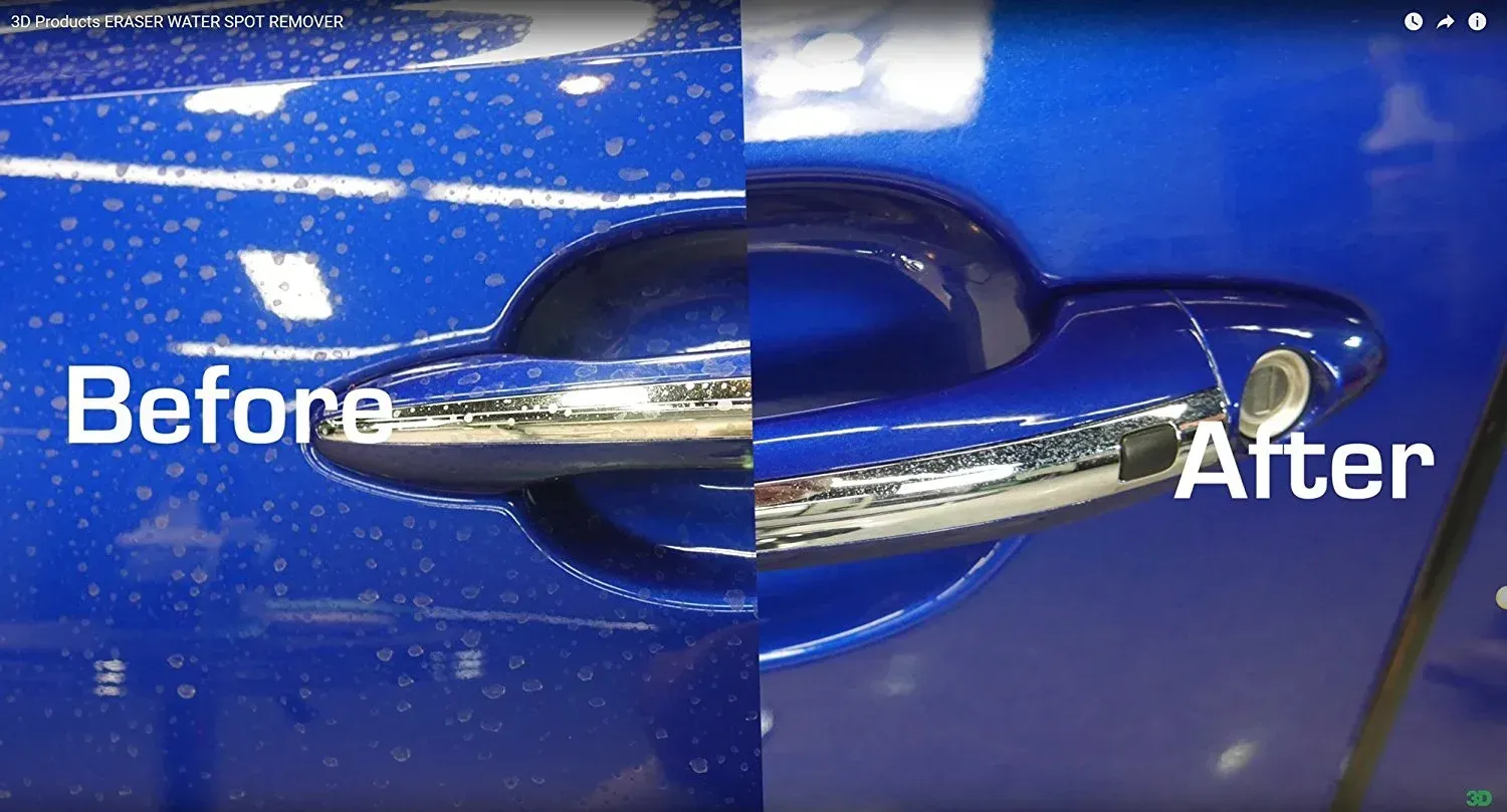 Blue car door before and after cleaning: water spots staining the paint, transforms into a shiny, reflective surface.