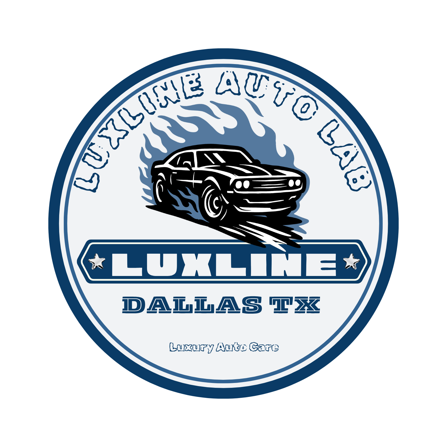 Logo for Luxline Auto Lab, Dallas TX; features a muscle car speeding with blue flames, within a blue and white circle.