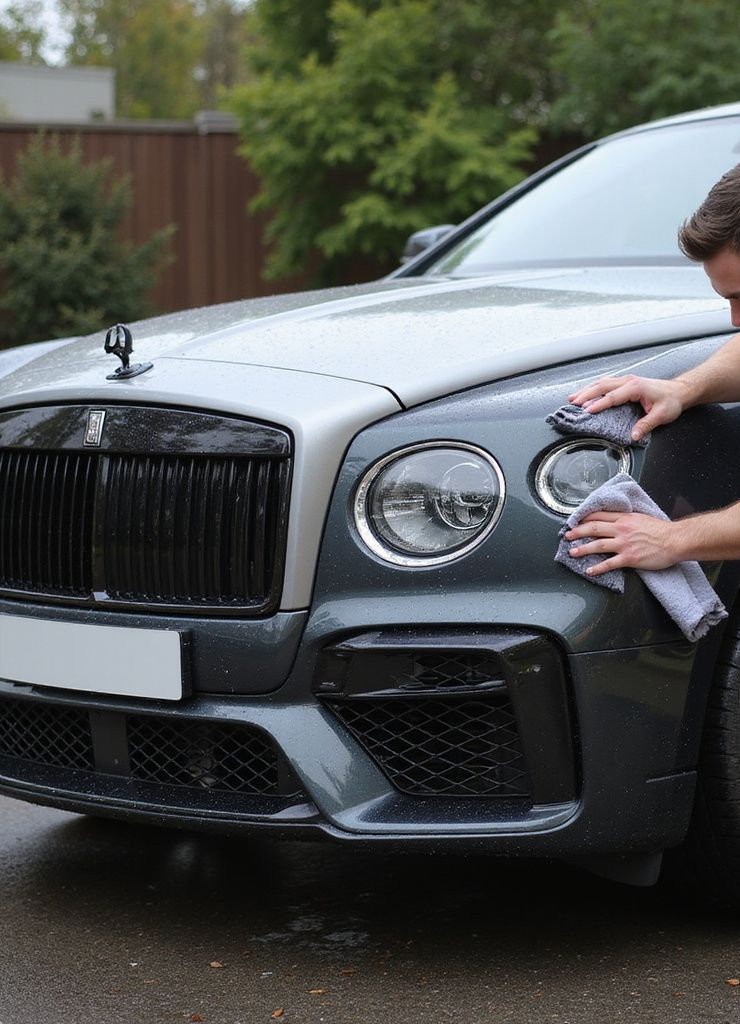 Man polishing a grey Bentley car's front fender with a microfiber cloth; outdoors, trees in the background.