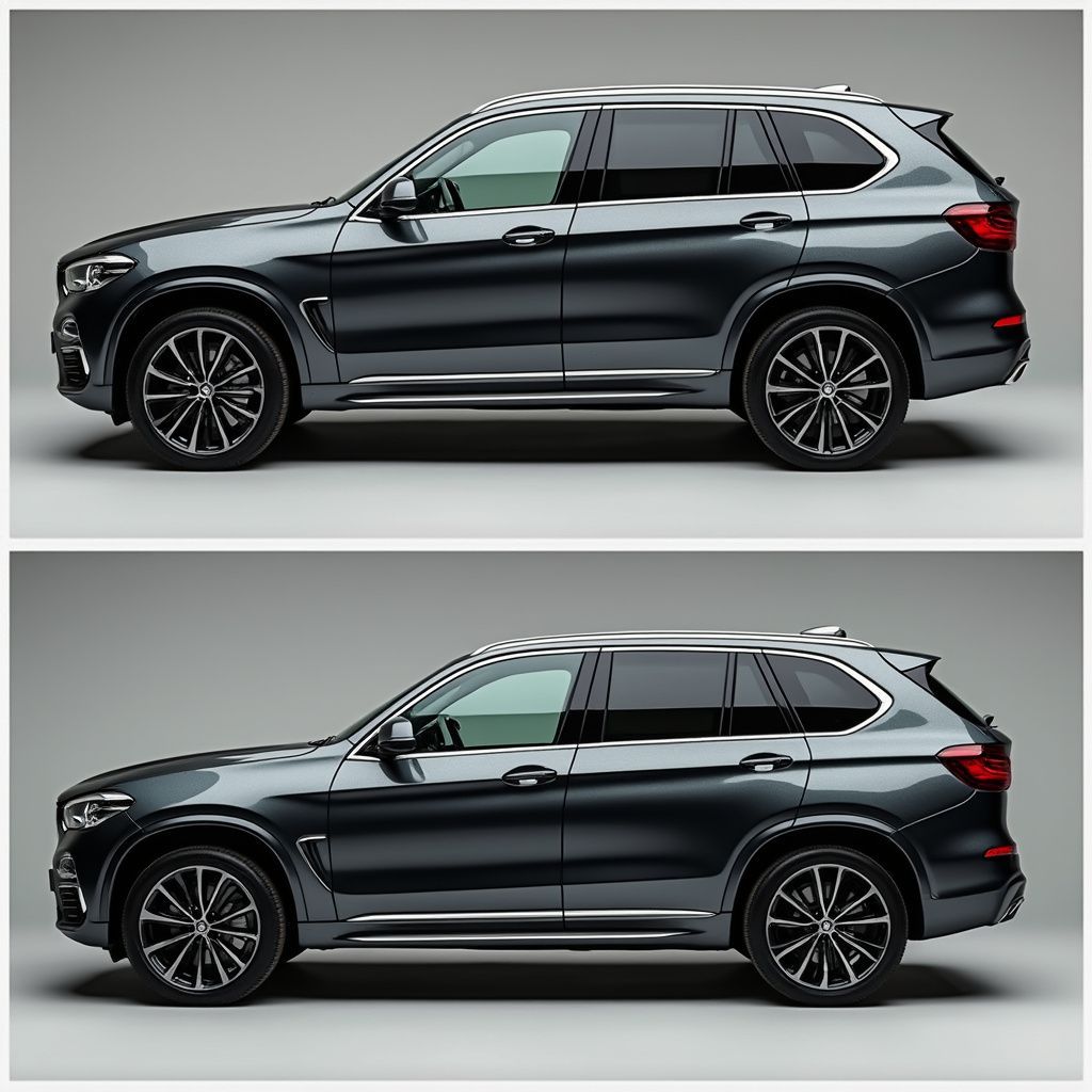 Two BMW SUVs, side view, on a light gray background, showing different lighting variations after a detail from Luxline.