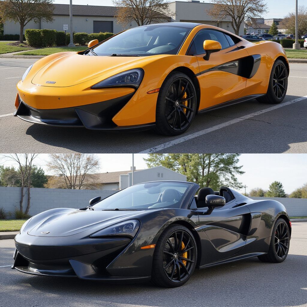 Top: Yellow McLaren coupe. Bottom: Black McLaren convertible. Cars parked outside, both freshly detailed.