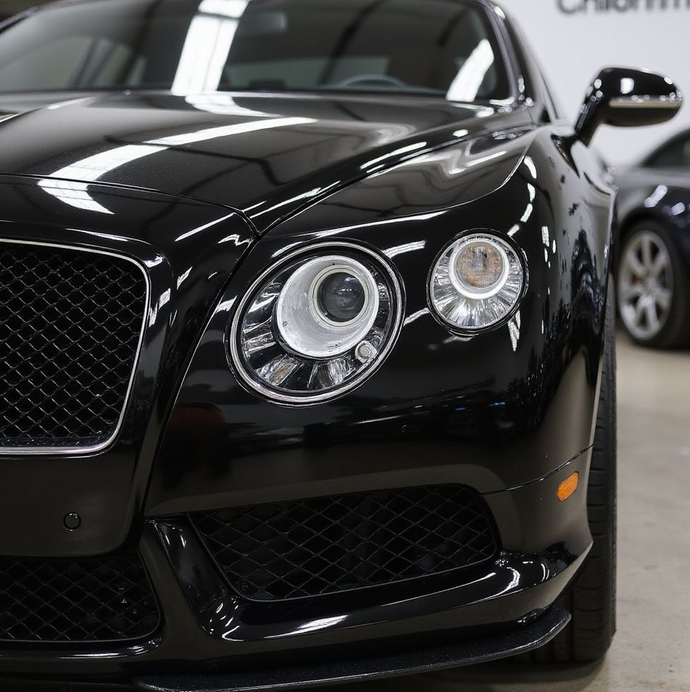 Black Bentley in a showroom with bright lights and shiny paint after Masterclass Detail.
