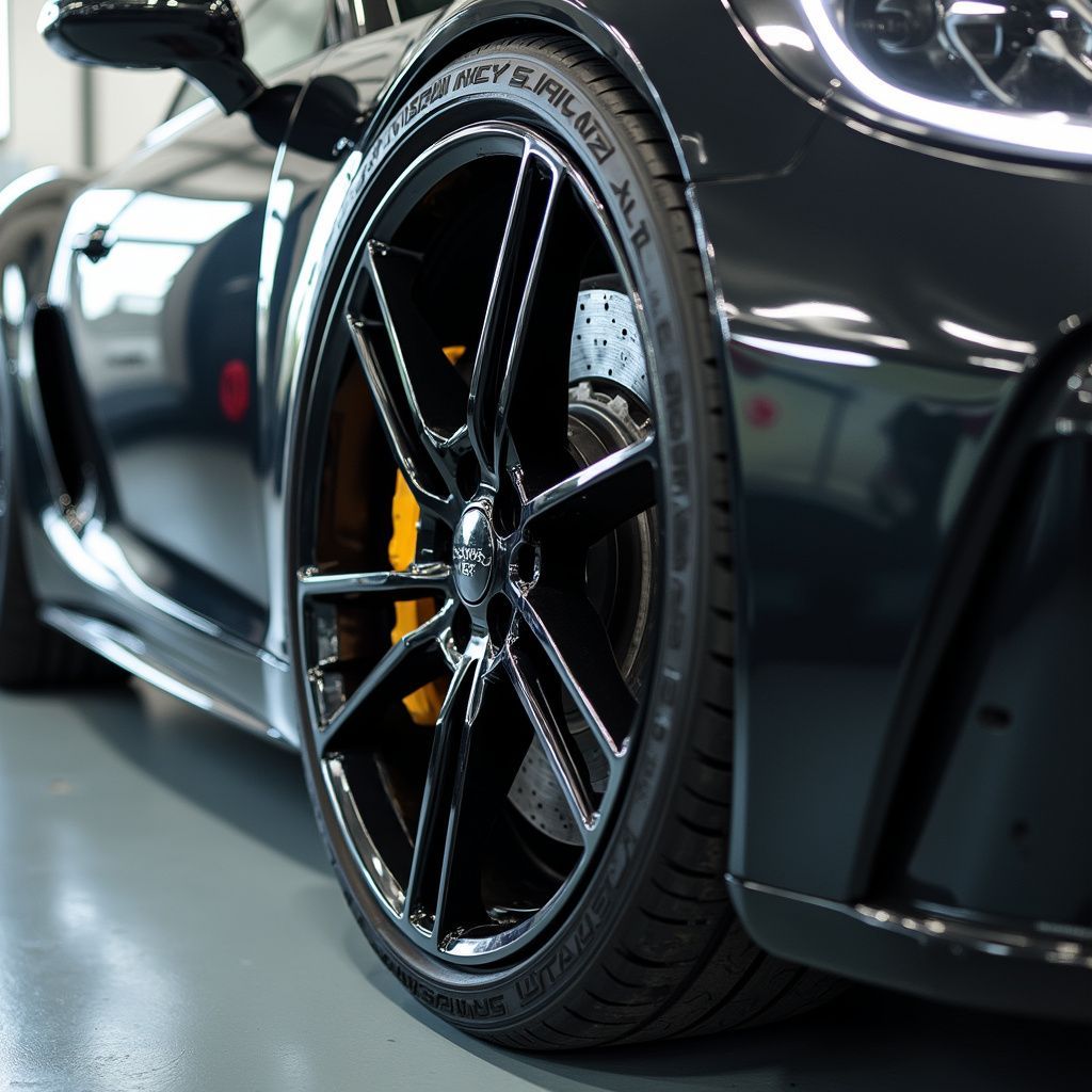 Shining black sports car wheel with yellow brake calipers after break dust is removed from wheel cleaning.