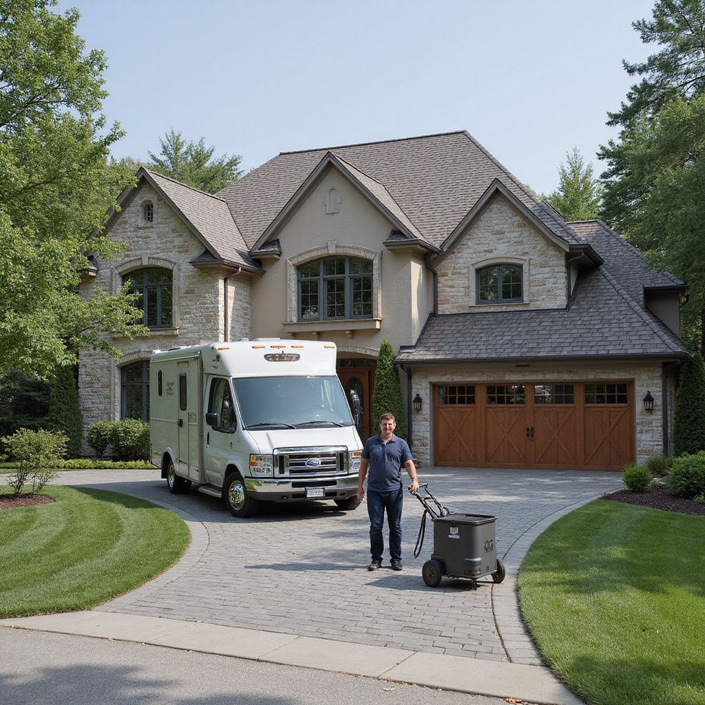 A man pulls a cart from a white van parked in front of a large house with a stone exterior.