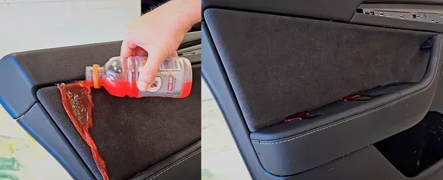 Sports drink poured onto a car door panel, not staining the fabric but rolling off from applied interior ceramic coating.