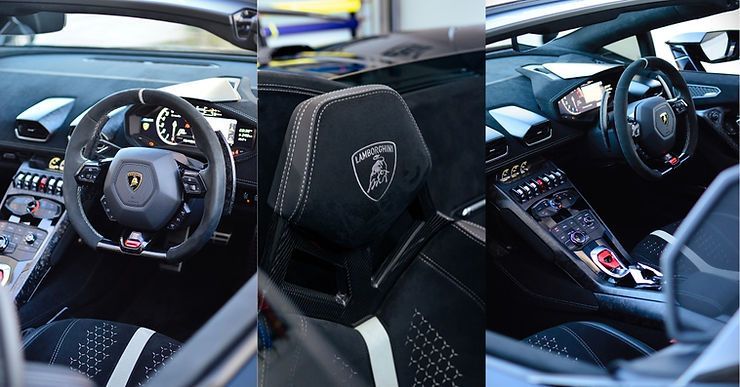 Interior views of a Lamborghini Huracán with an Interior Ceramic Coating . Glossy steering wheel, seats and dashboard.