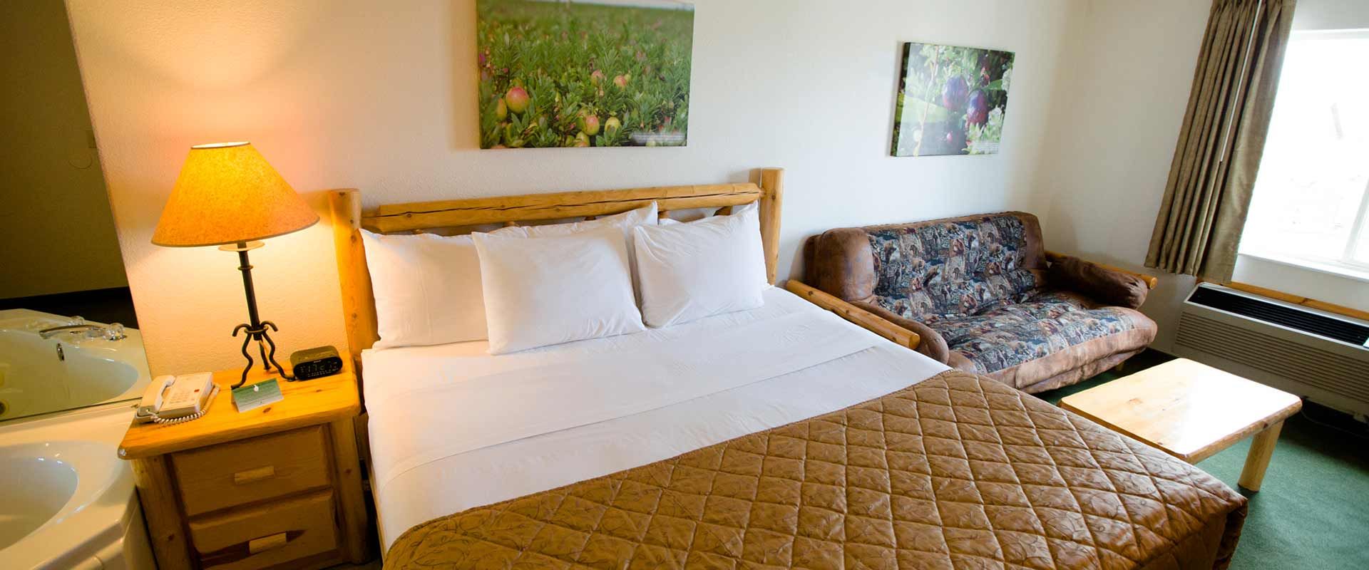 Bedroom with a bed, sofa, and artwork on the wall. A bedside lamp illuminates the room.