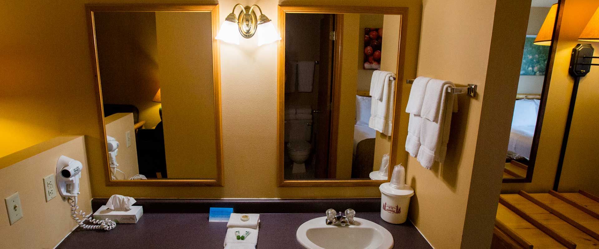 Bathroom with mirrors, sink, towels, and a hairdryer. Warm beige walls.