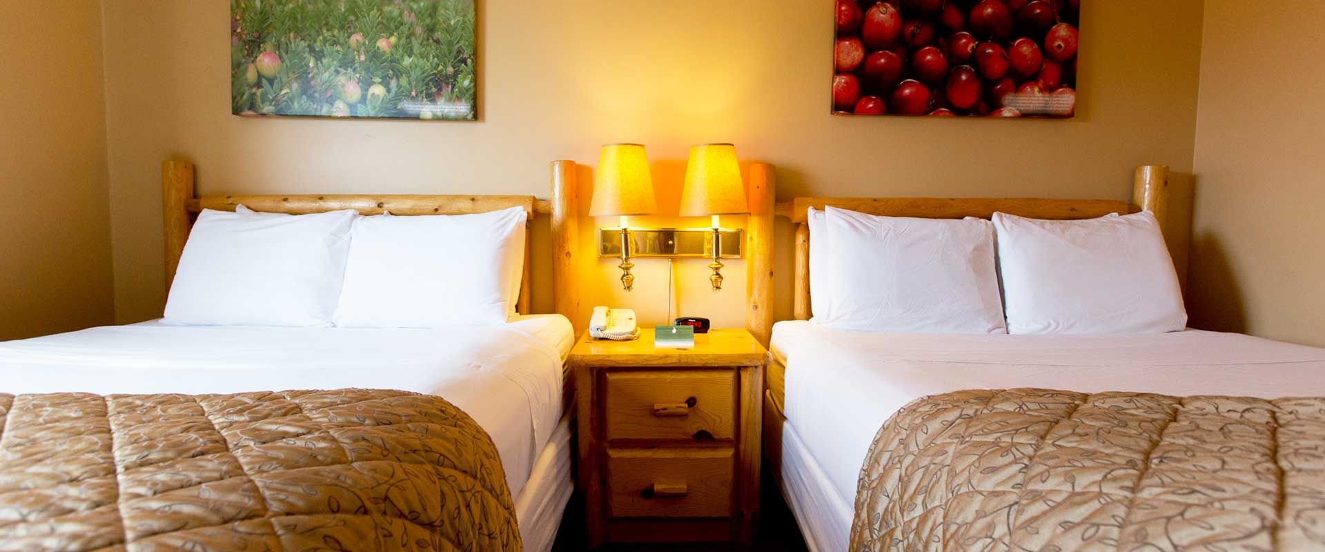 A hotel room with two beds, nightstand, lamps, and artwork on the walls.