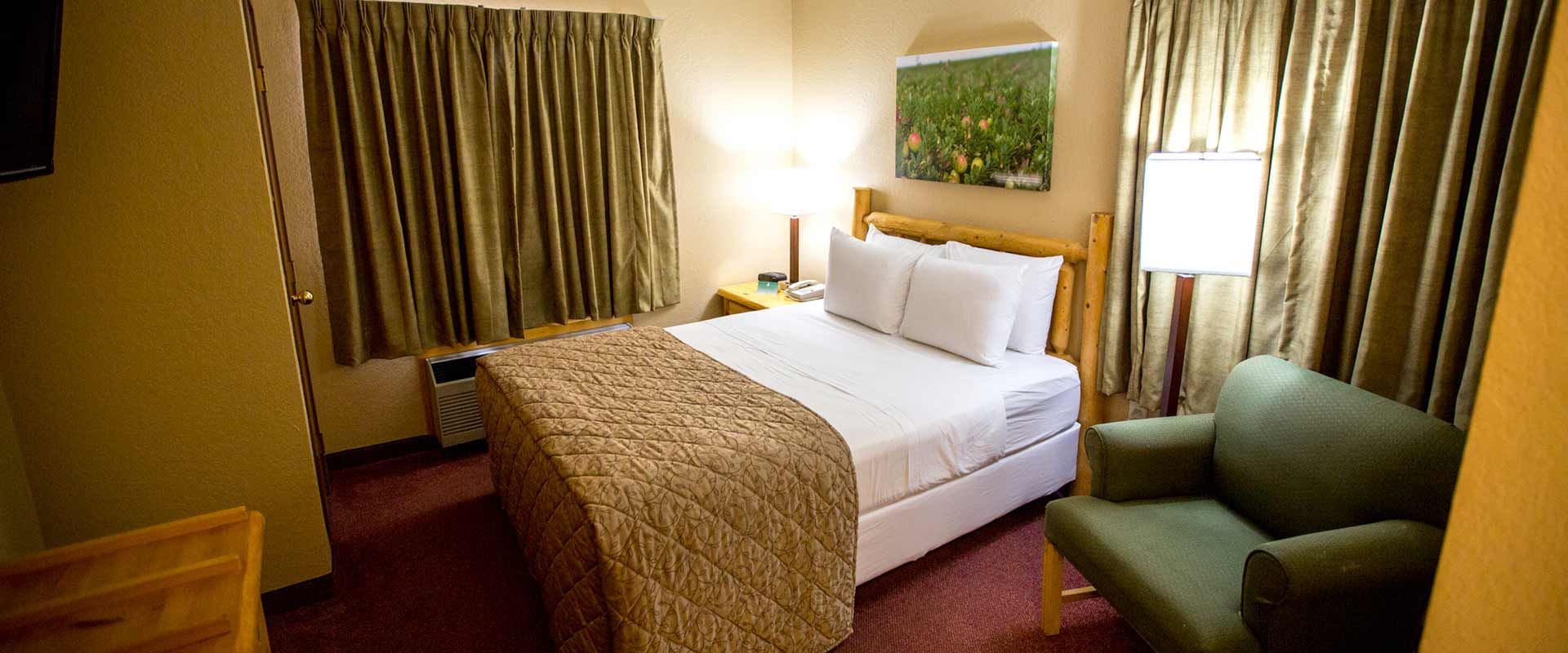 Hotel room with a bed, chair, curtains, and artwork. Brown and green tones dominate the room.