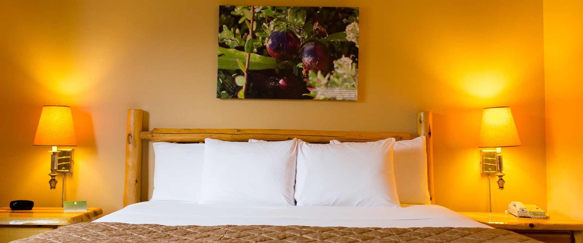 A bedroom with a large bed, lamps, and a picture above the headboard.
