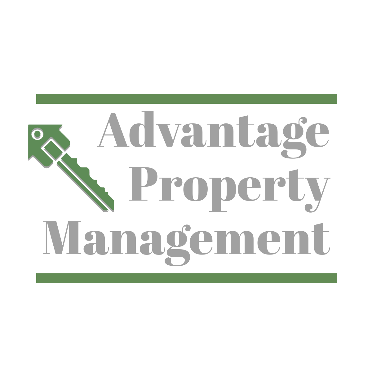 A logo for advantage property management with a key and an arrow.