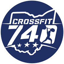 Blue circular logo: CrossFit 740 in white, with Ohio outline, weightlifter silhouette, and stars.