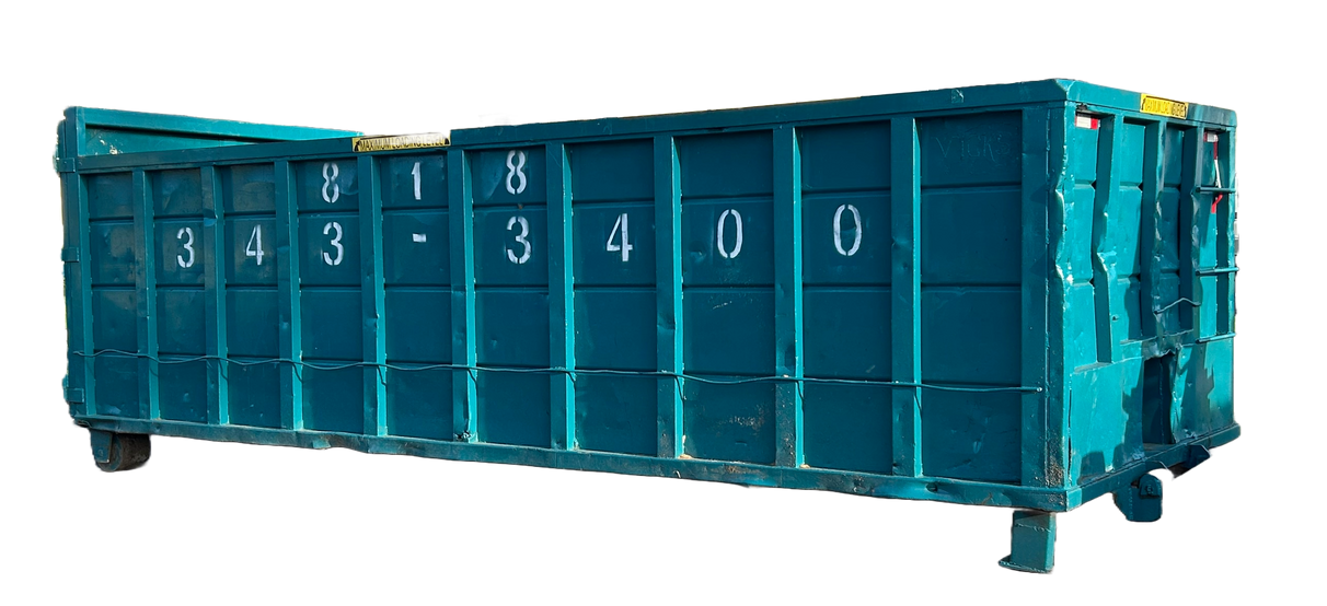 A large blue dumpster is parked in a dirt lot next to a tree.