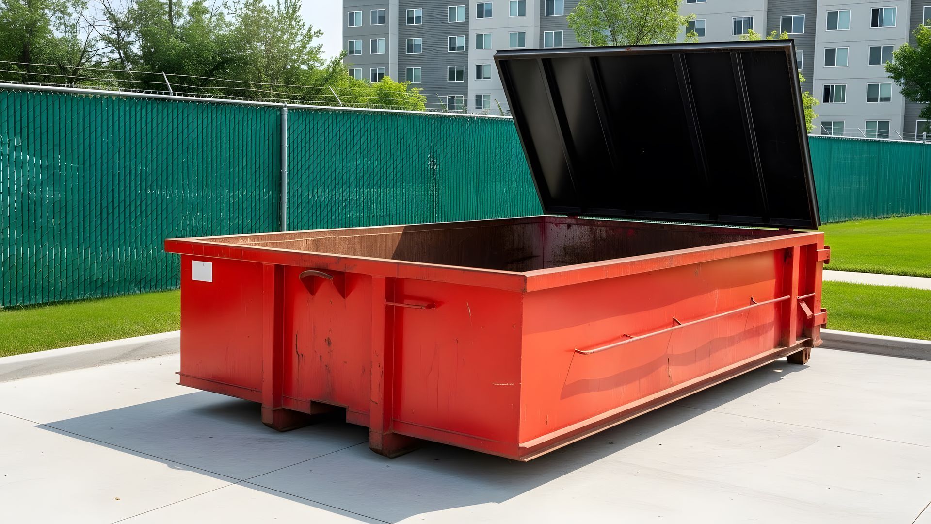 Large red dumpster with its lid open in a paved outdoor area near buildings.