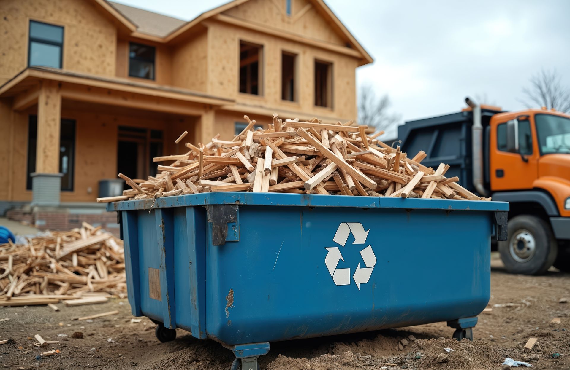 Blue recycling dumpster filled with wood scraps at a home construction site.