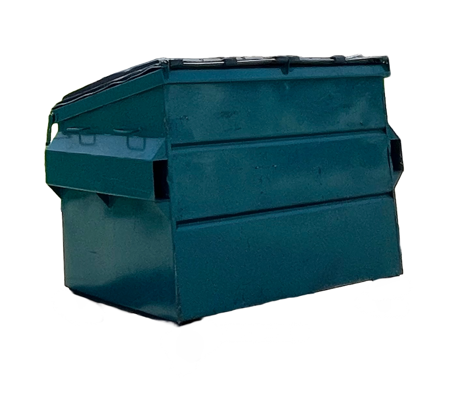 Green dumpster with closed lid.