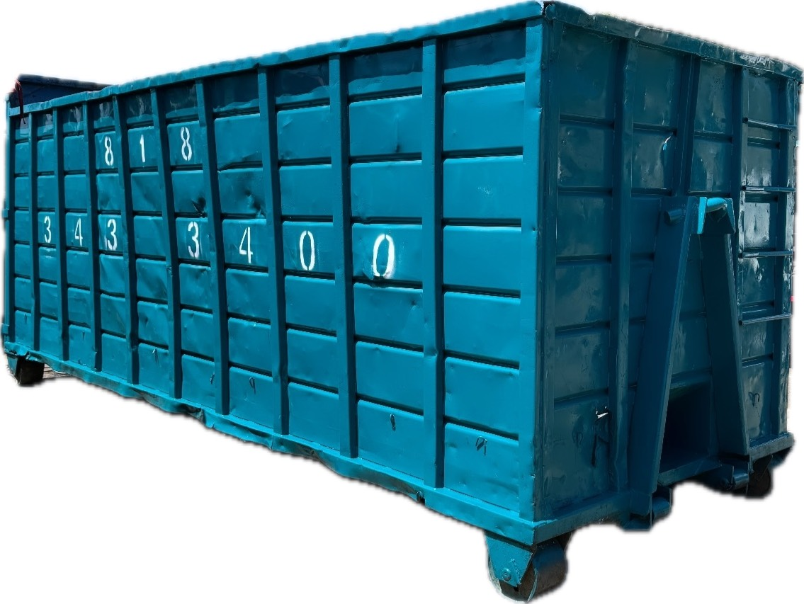 A blue dumpster with the number 8 on it