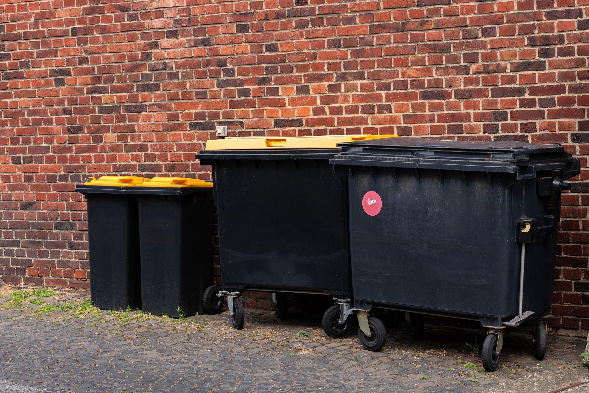 Four black garbage bins with yellow lids lined up against a brick wall.
