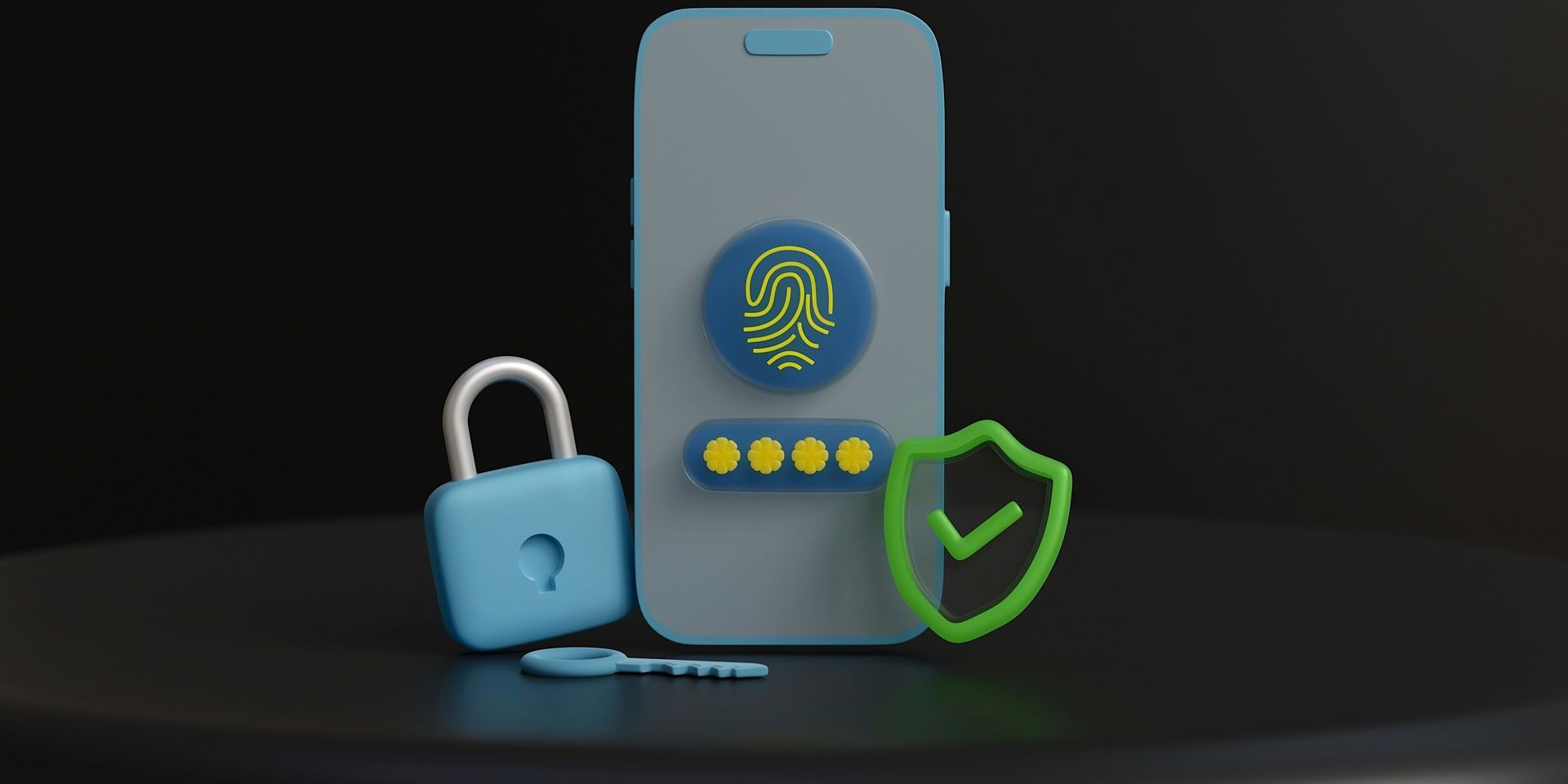 A cell phone with a fingerprint , password , shield and padlock on it.