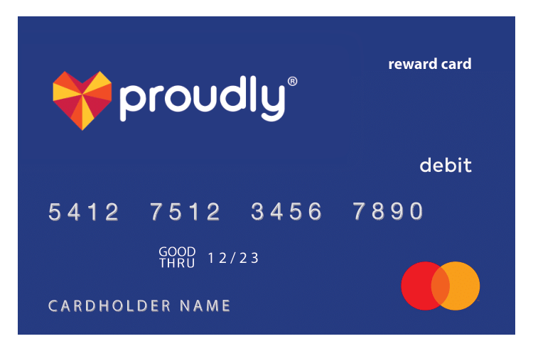 a blue credit card with the word proudly on it