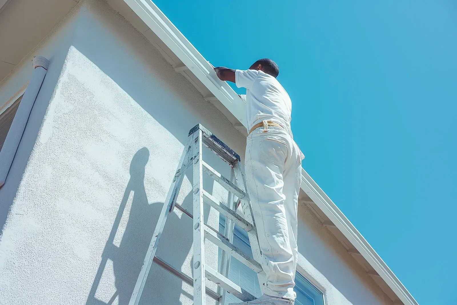 A modern two-story building with beige horizontal siding and a matching stucco entryway under a clear blue sky.
