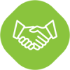 A handshake icon in a green circle on a white background.