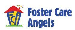 The logo for foster care angels is a house with a red roof.