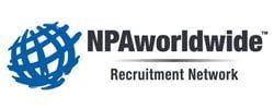 A logo for npaworldwide recruitment network with a blue globe on a white background.