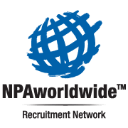 The logo for npaworldwide recruitment network has a blue globe on it.