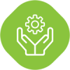 A pair of hands holding a gear in a green circle.