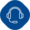 A line drawing of a headset with a microphone on a blue background.