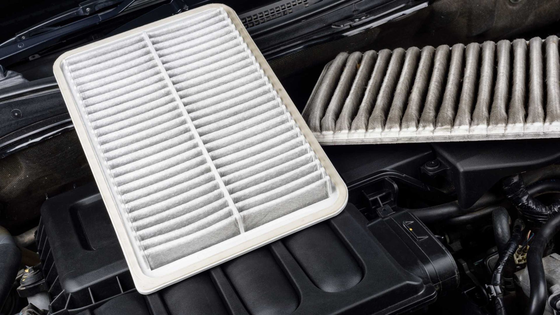 Two air filters are sitting on top of a car engine.