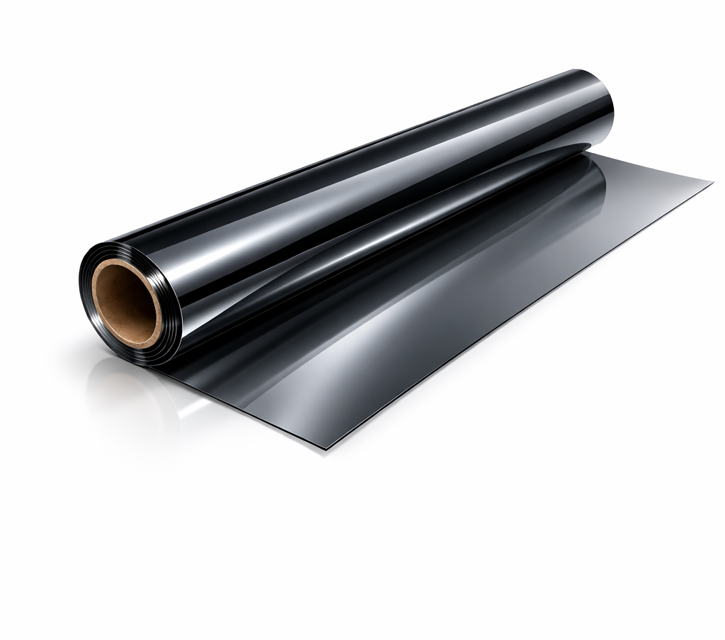 Roll of black, shiny plastic film partially unrolled on white surface.
