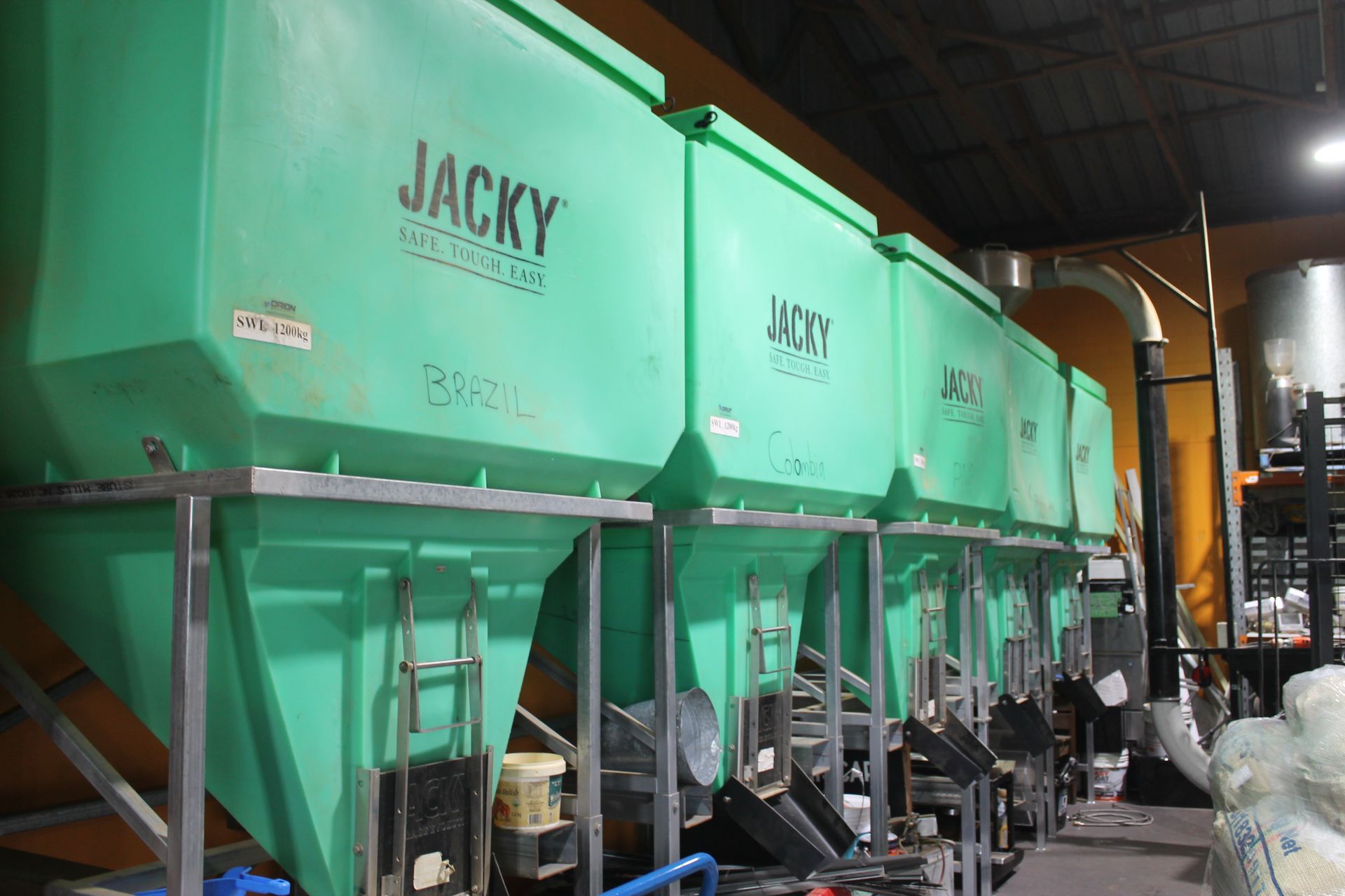 Three Large Green Containers with 'Jacky' on it — Nat’s Coffee in Alstonville, NSW