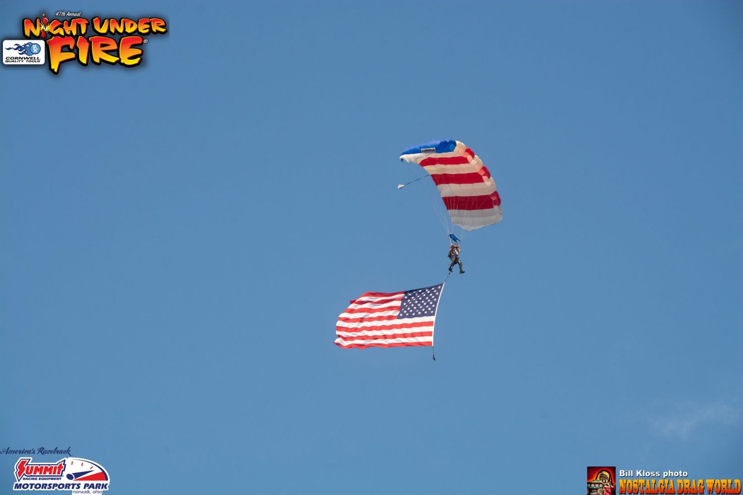 A man is parachuting with an american flag in the background