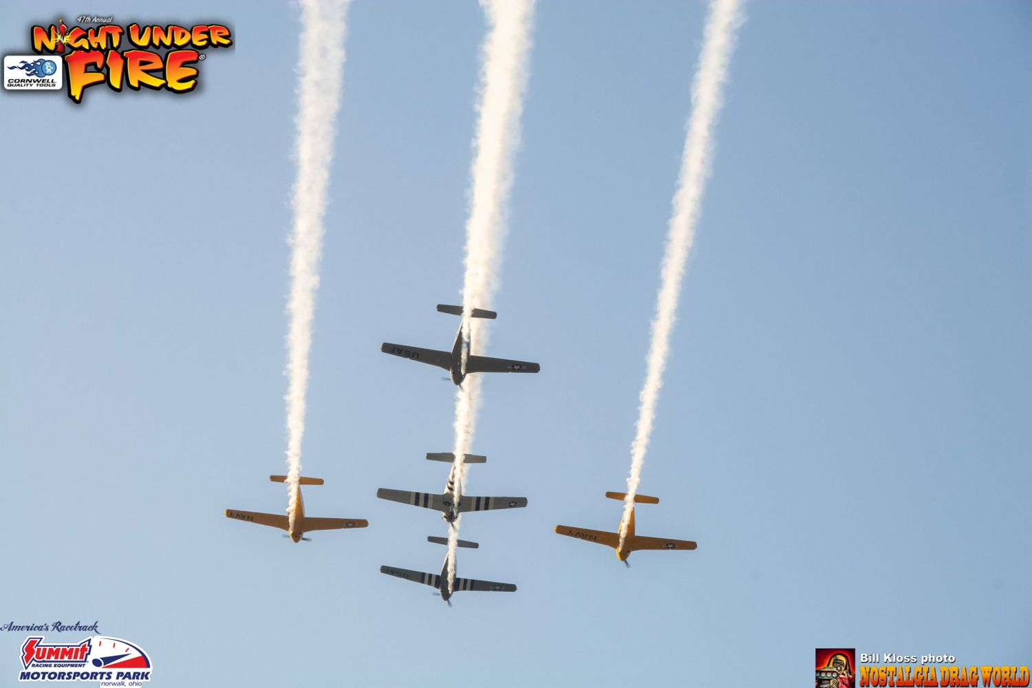 A group of airplanes are flying in formation with night under fire written on the bottom