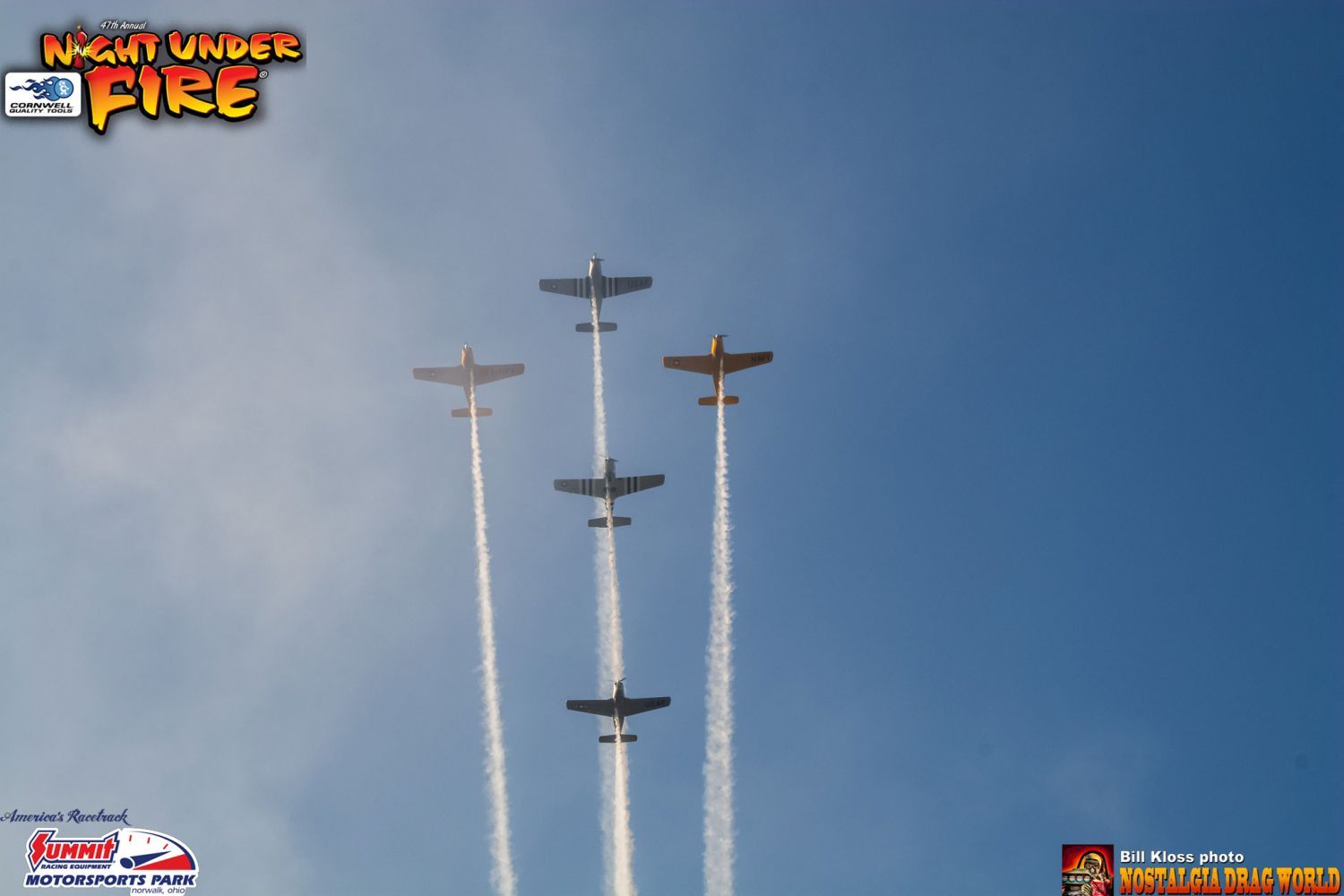 A group of fighter jets flying in formation with night vader fire in the background