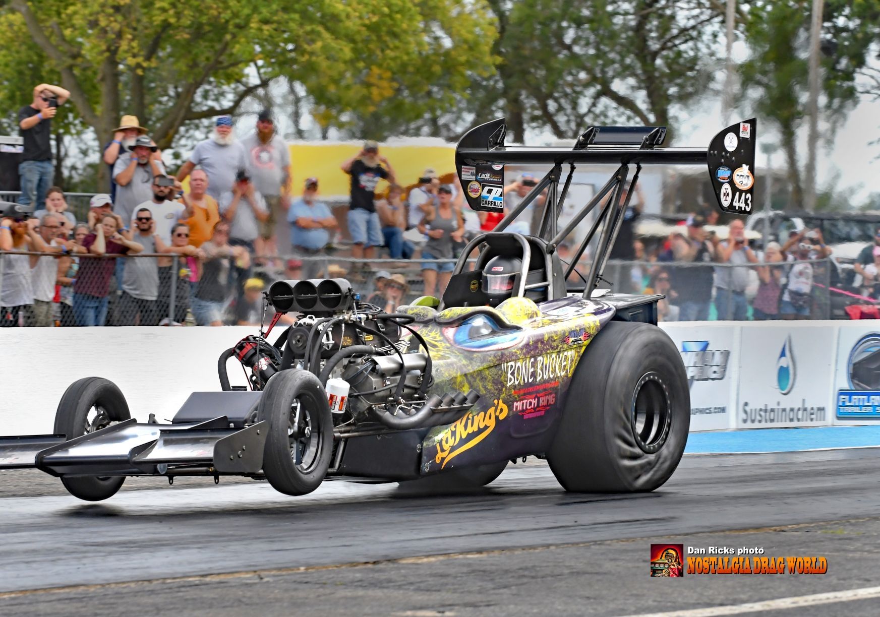 A racing car is driving down a track with a crowd watching.