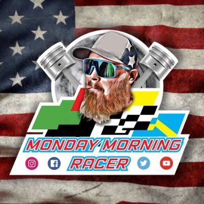 A logo for monday morning racer with an american flag in the background