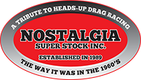 The logo for nostalgia super stock inc. is a tribute to heads up drag racing.