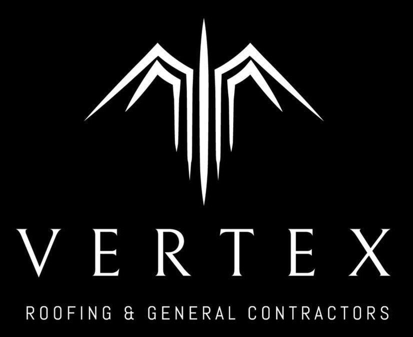 A white logo for vertex roofing and general contractors