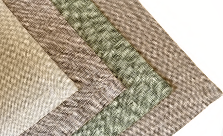 Cuatro muestras de tela de lino en tonos beige, gris pardo y verde, dispuestas en ángulos sobre una superficie blanca.