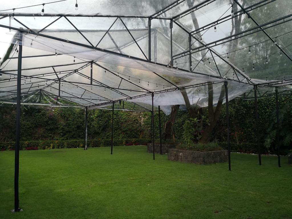 Dosel con marco negro sobre césped verde.